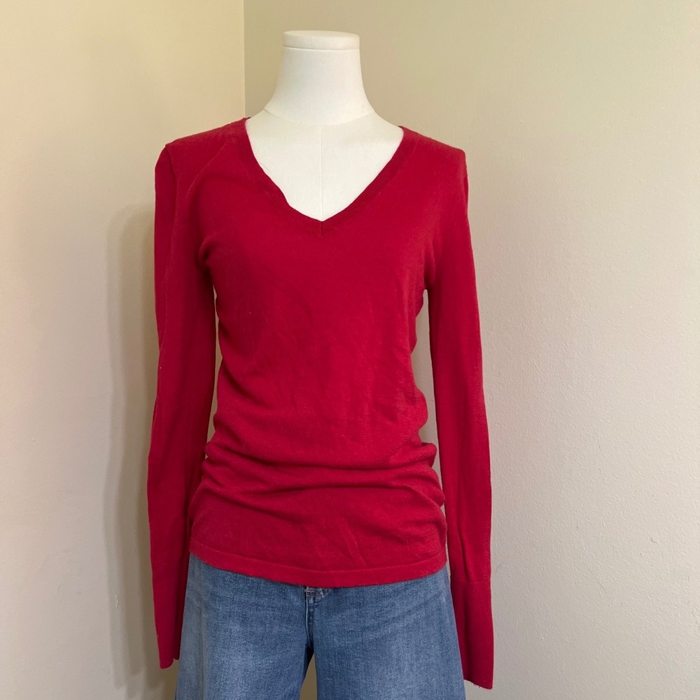Halogen Red V-Neck Long Sleeve Pima Cotton Viscose Blend Sweater XS